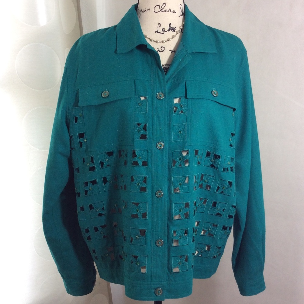 Vintage Teal Raw Silk Floral Cut Out Light Jacket